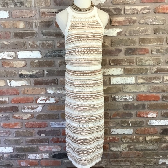 RACHEL ZOE Women's Cream Tan Stripe Crochet Boho Top & Skirt Set M - Picture 1 of 5